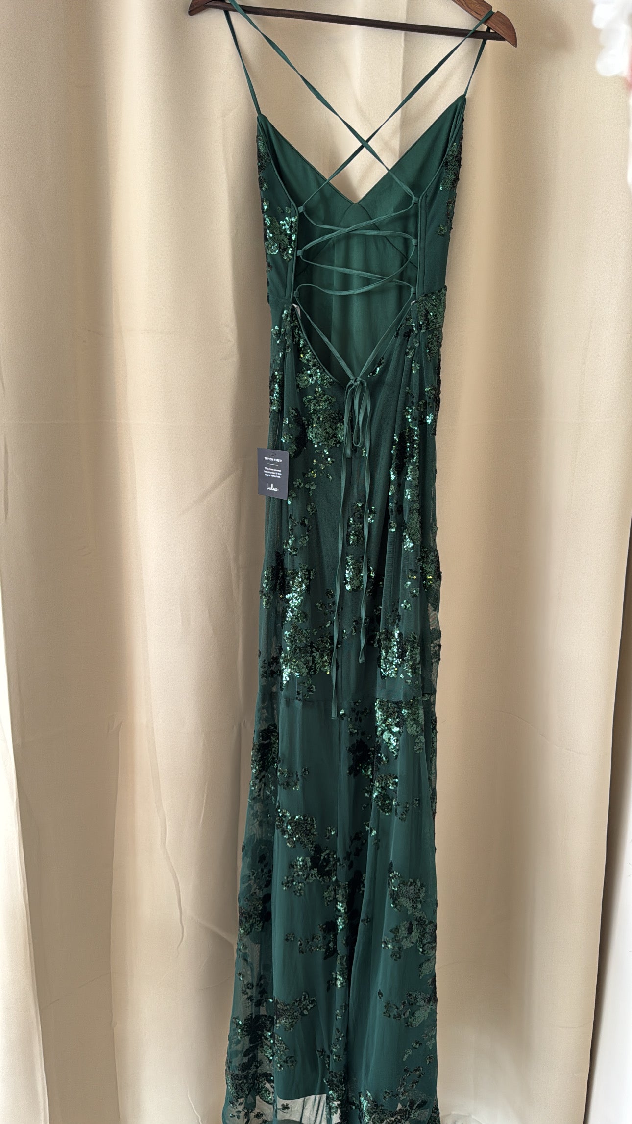 LULUS Photo Finish Forest Green Sequin Lace-Up Maxi Dress- NO CAMBIOS NI DEVOLUCIONES