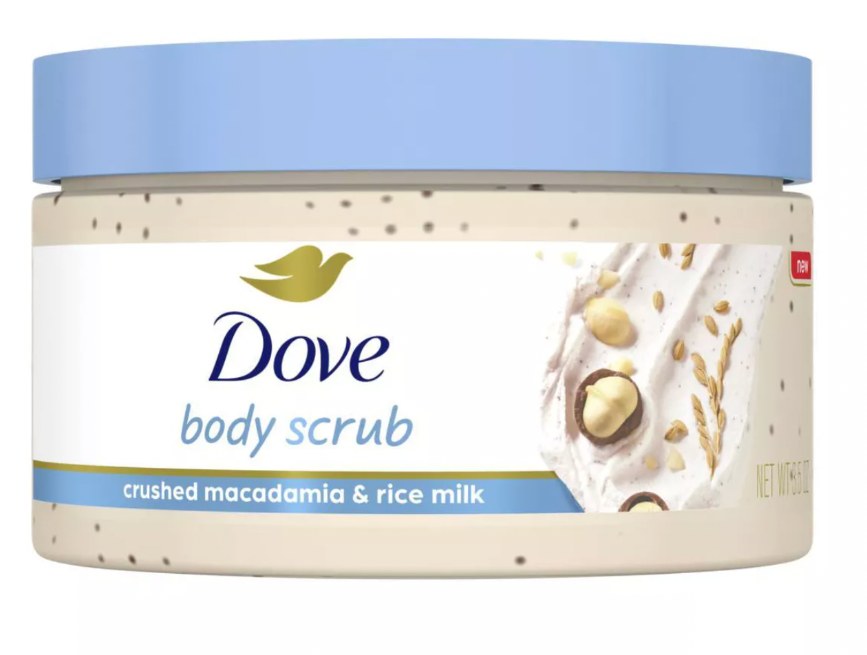 PREORDEN -Dove Beauty Mini Body Scrub - Crushed Macadamia & Rice Milk - Trial Size - 3.5oz - 2 A 4 SEMANAS EN LLEGAR