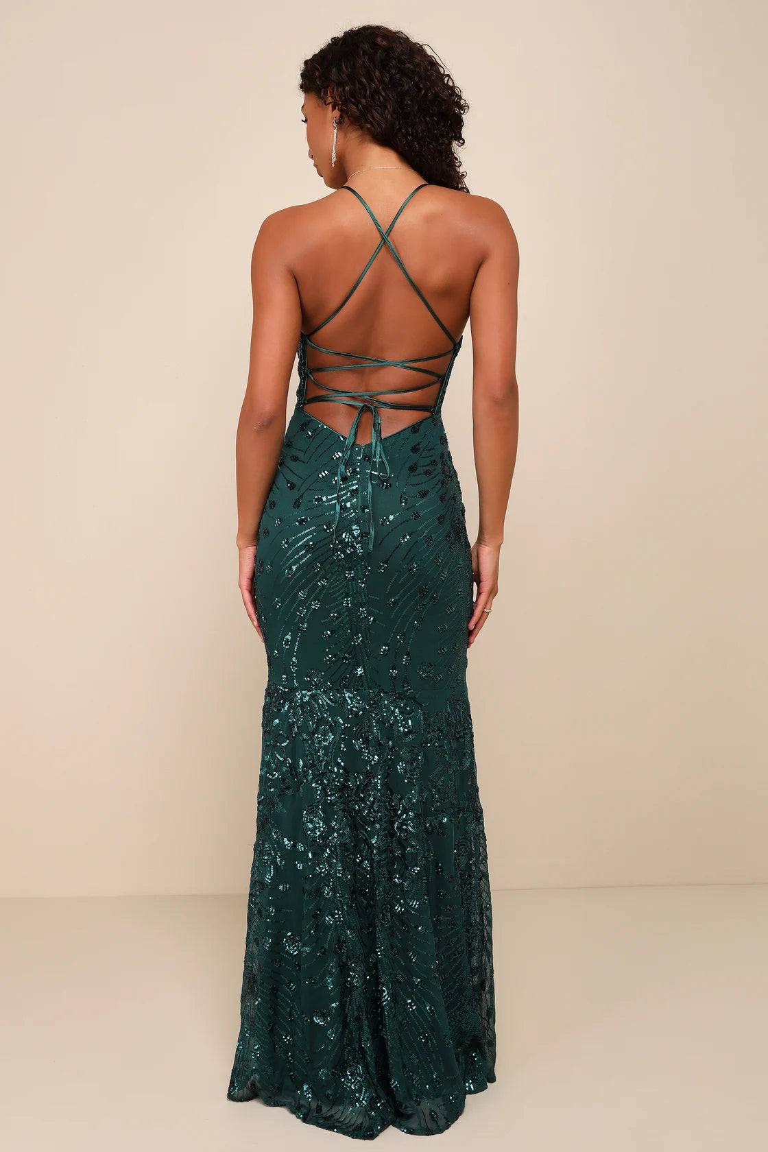 LULUS Photo Finish Forest Green Sequin Lace-Up Maxi Dress- NO CAMBIOS NI DEVOLUCIONES
