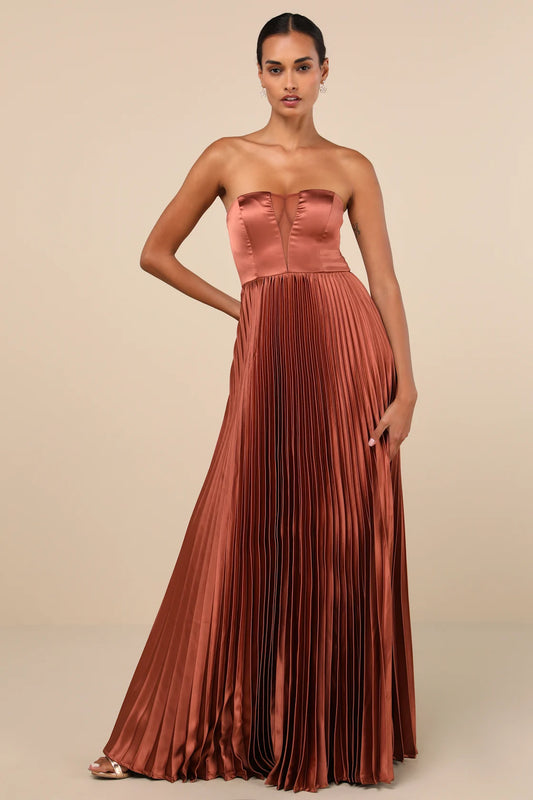 LULUS Perfected Elegance Mauve Satin Pleated Strapless Maxi Dress - NO CAMBIOS NI DEVOLUCIONES