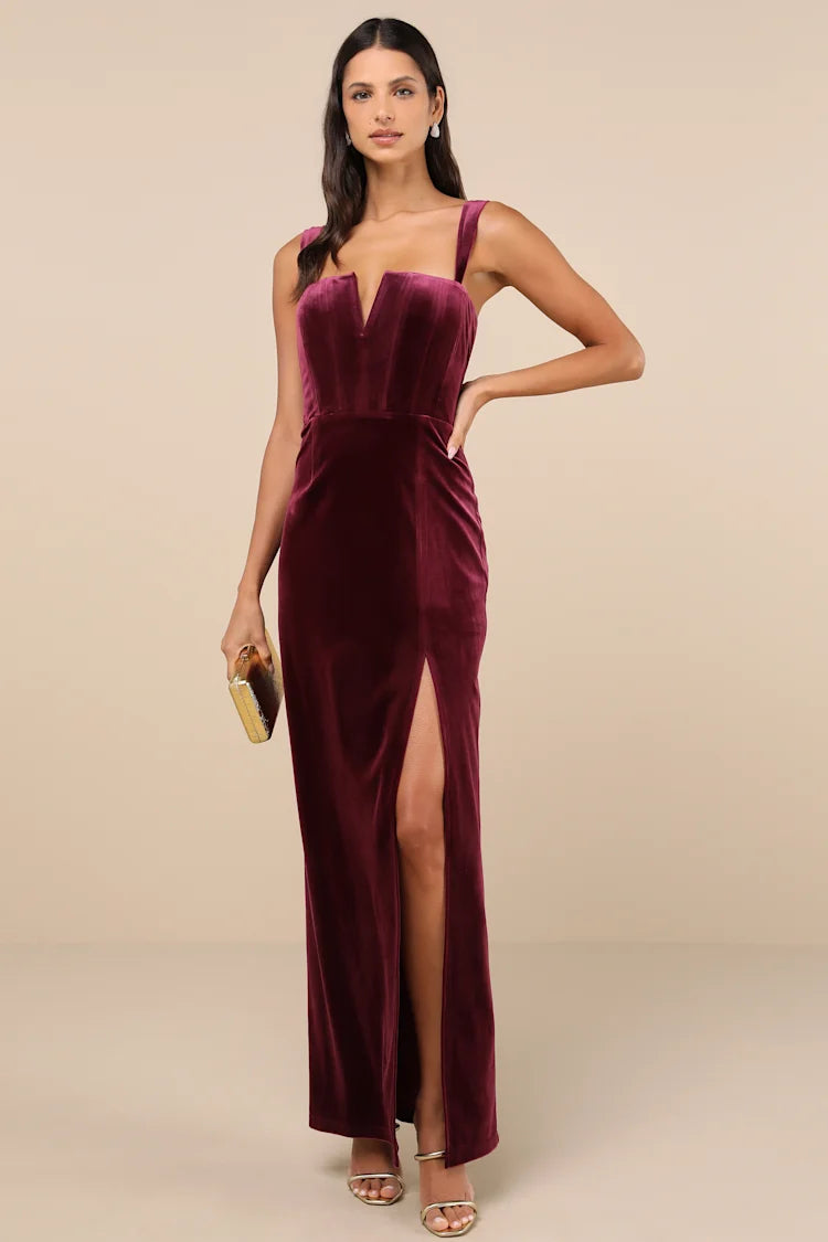 LULUS Dark Berry Velvet Bustier Maxi Dress -NO CAMBIOS NI DEVOLUCIONES