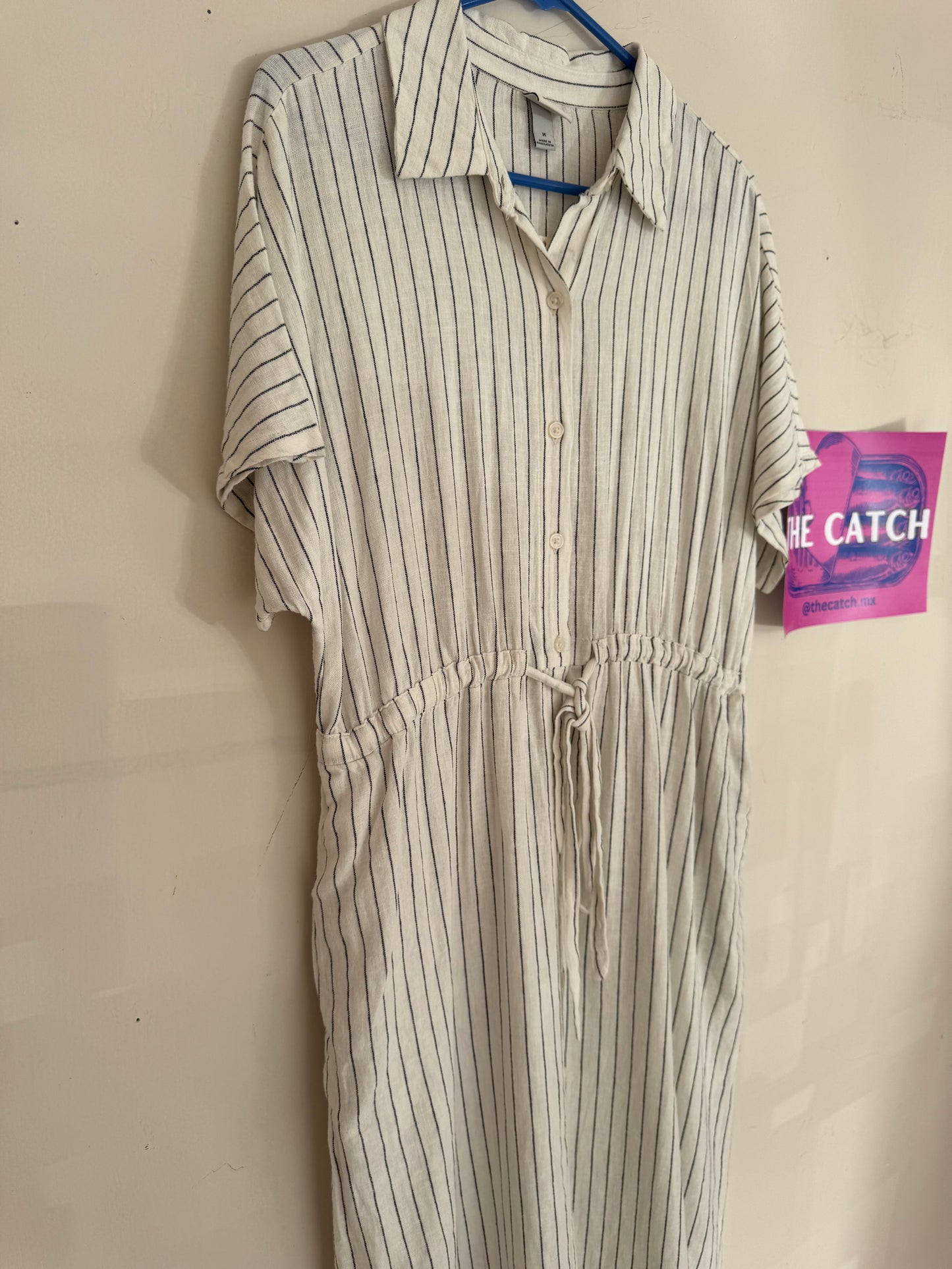 A New Day Women's Short Sleeve Linen Midi Shirtdress Cream Striped - NO CAMBIOS NI DEVOLUCIONES