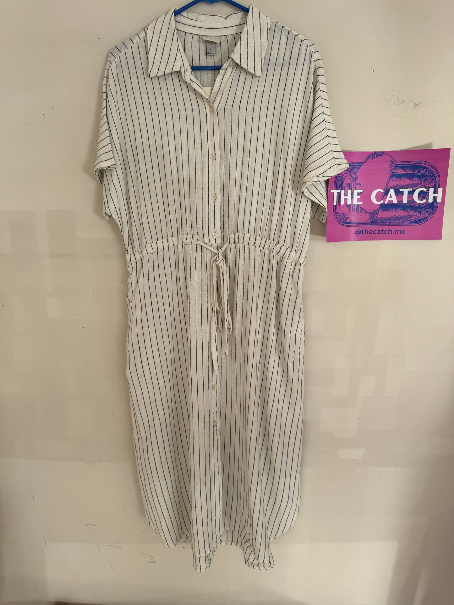 A New Day Women's Short Sleeve Linen Midi Shirtdress Cream Striped - NO CAMBIOS NI DEVOLUCIONES