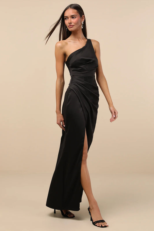 LULUS Black Satin One-Shoulder Maxi Dress -NO CAMBIOS NI DEVOLUCIONES