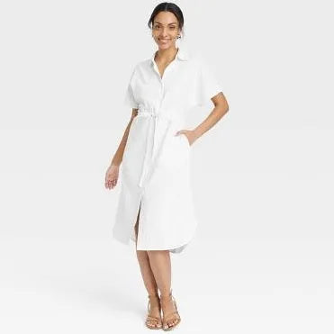 A New Day Women's Short Sleeve Linen Midi Shirtdress Cream - NO CAMBIOS NI DEVOLUCIONES