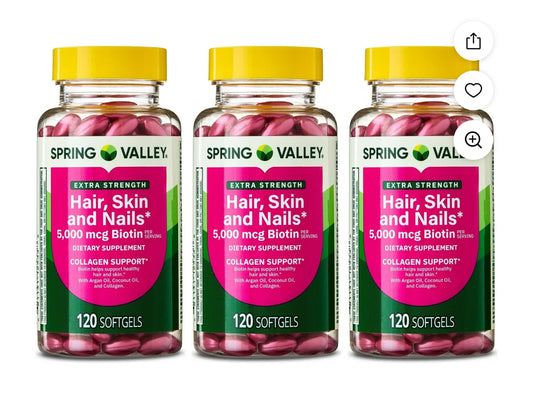 PREORDEN - (3 pack) Spring Valley Extra Strength Hair Skin & Nails Collagen Support Softgels, 5000 mcg Biotin, 120 Count - 2 A 4 SEMANAS EN LLEGAR