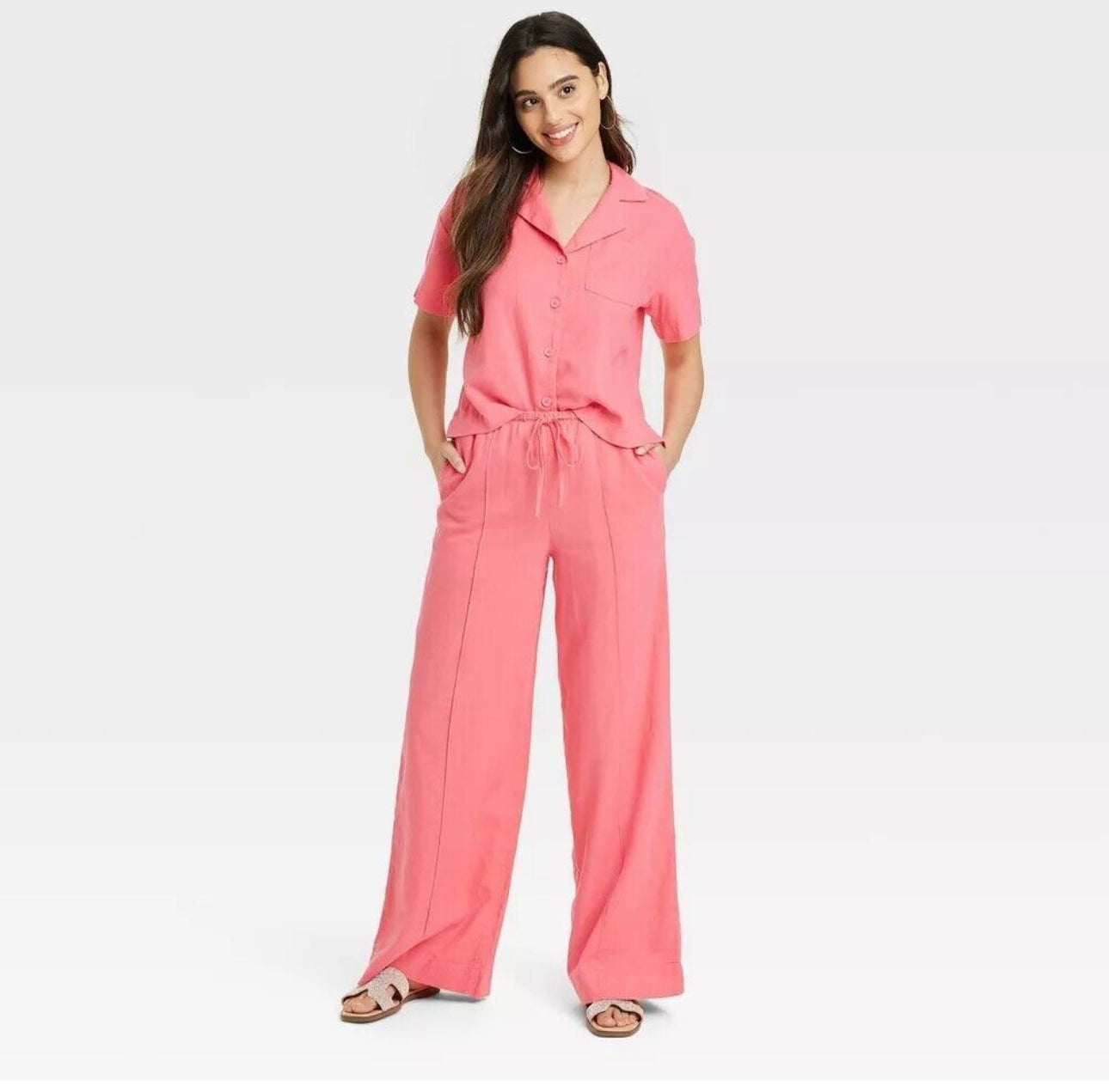 A New Day Women's High-Rise Wide Leg Linen Pull-On Pants Pink Coral - NO CAMBIOS NI DEVOLUCIONES