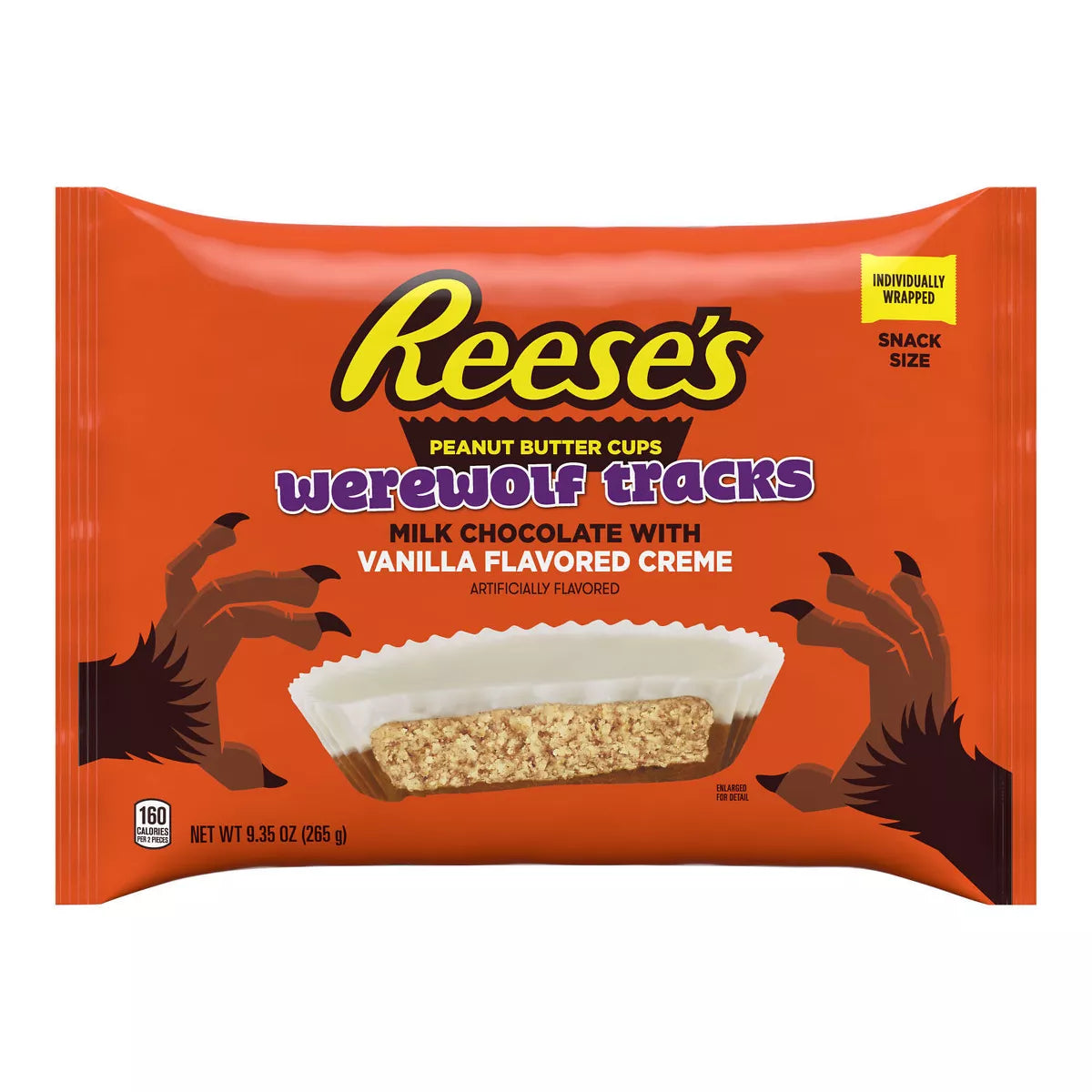 PREORDEN -Reese's Peanut Butter Milk Chocolate & Vanilla Crème Werewolf Tracks Cup Halloween Candy Snack Size - 9.35oz | REVISA TIEMPOS DE ENTREGA