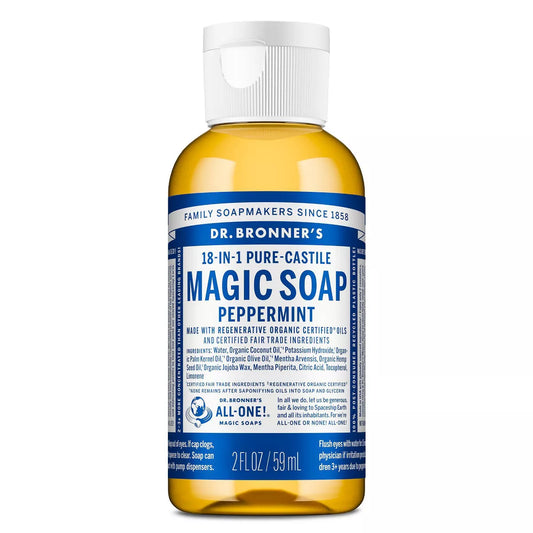 PREORDEN -Dr. Bronner's Magic Pure Castile Liquid Soap Bodywash - Peppermint - 2 fl oz - 2 A 4 SEMANAS EN LLEGAR