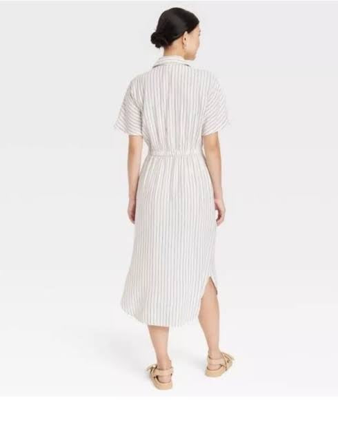 A New Day Women's Short Sleeve Linen Midi Shirtdress Cream Striped - NO CAMBIOS NI DEVOLUCIONES