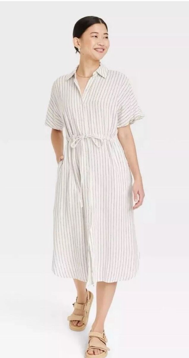 A New Day Women's Short Sleeve Linen Midi Shirtdress Cream Striped - NO CAMBIOS NI DEVOLUCIONES