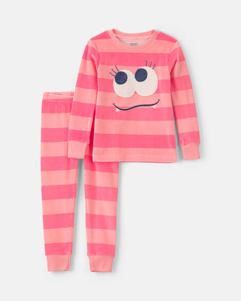 PREORDEN - Toddler Girl 2-Piece Monster Striped DreamPlush Snug Fit Pajama Set - Coral - 2 A 4 SEMANAS EN LLEGAR