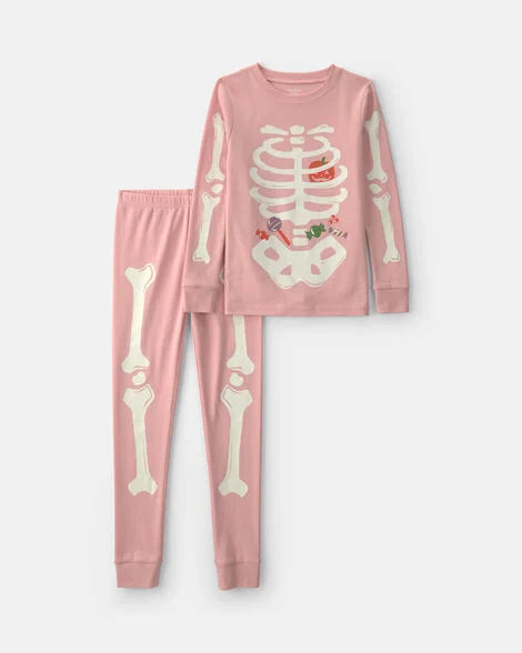 PREORDEN - Girls 2-Piece Halloween Glow in the Dark Skeleton 100% Cotton Snug Fit Pajama Set - Pink - 2 A 4 SEMANAS EN LLEGAR