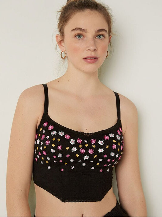 Pure Black Floral Embroidery Lace Lightly Lined Corset Bra Top | PINK-NO CAMBIOS NI DEVOLUCIONES