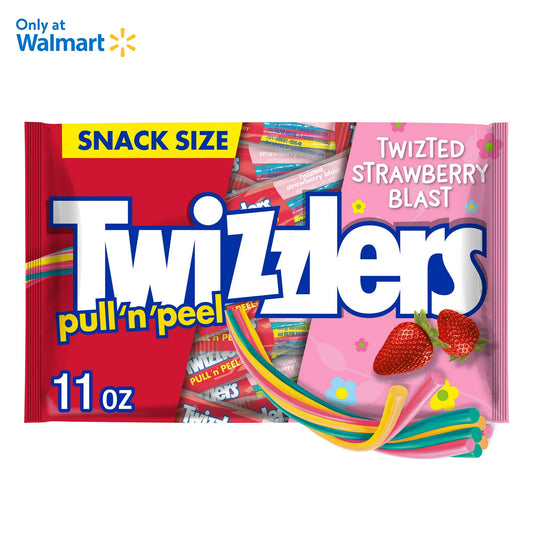 Twizzlers Pull 'N' Peel Twizted Strawberry Blast Snack Size Easter Candy, Bag 11 oz, 25 Pieces