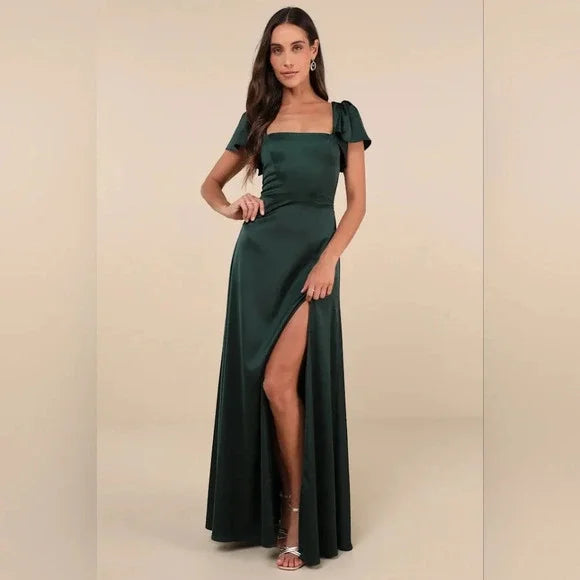 Lulus Ultimate Sweetness Emerald Green Satin Flutter Sleeve Maxi Dress - NO CAMBIOS NI DEVOLUCIONES
