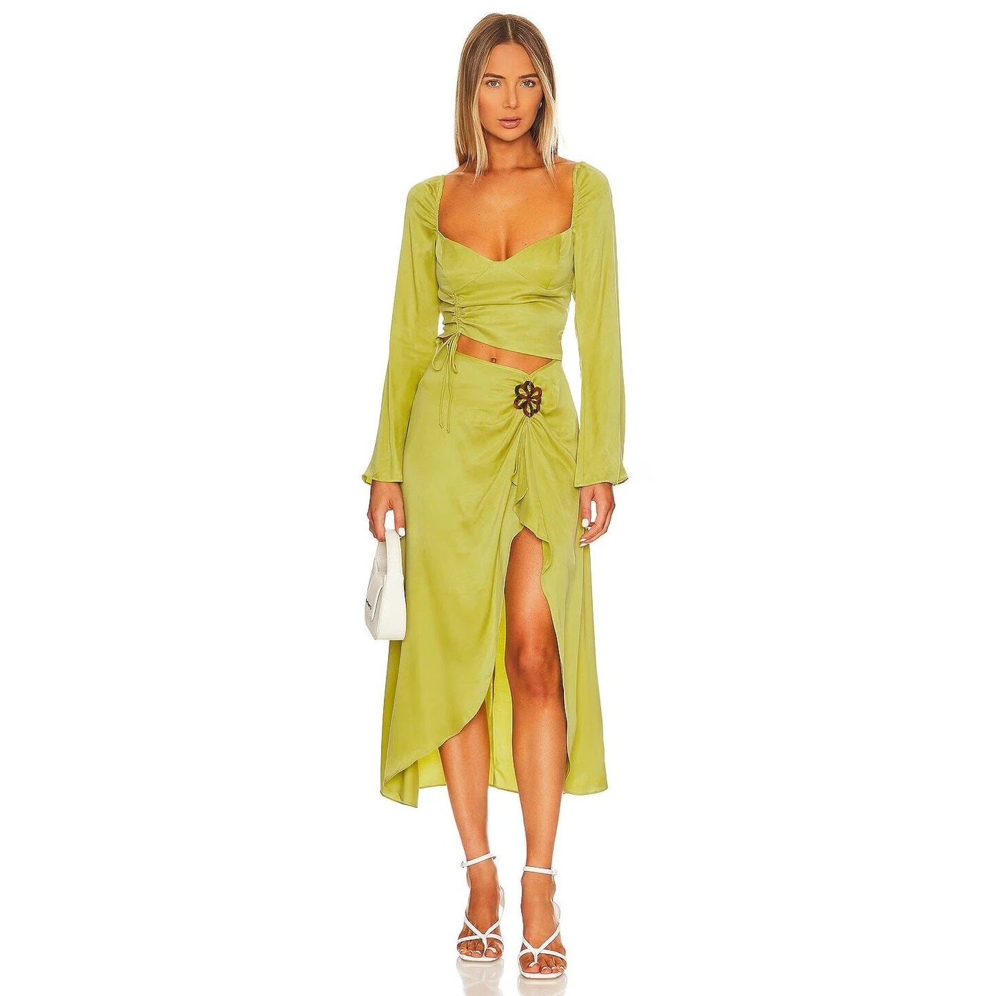 For Love & Lemons Allie Long Sleeve Cut Out Midi Dress Ruched Slit Green - NO CAMBIOS NI DEVOLUCIONES