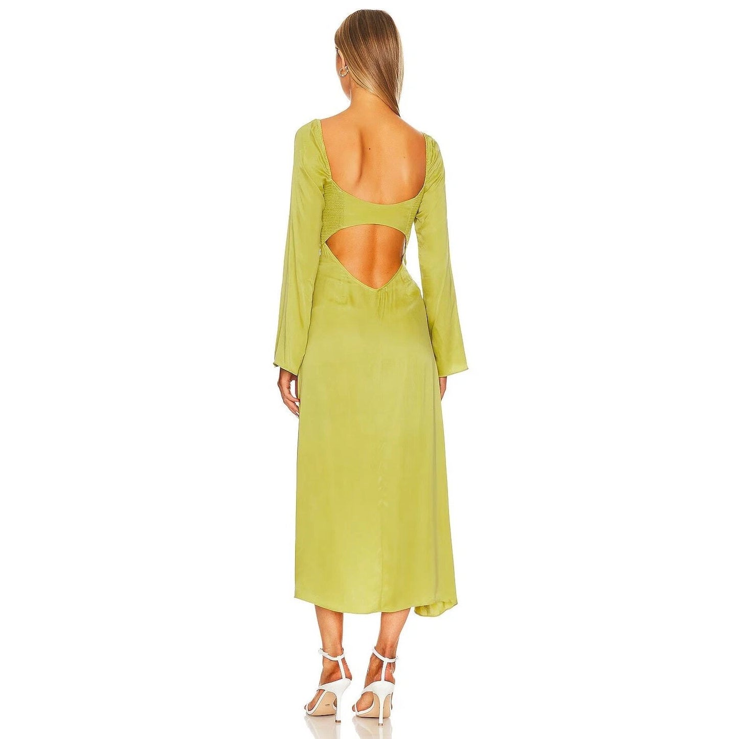 For Love & Lemons Allie Long Sleeve Cut Out Midi Dress Ruched Slit Green - NO CAMBIOS NI DEVOLUCIONES